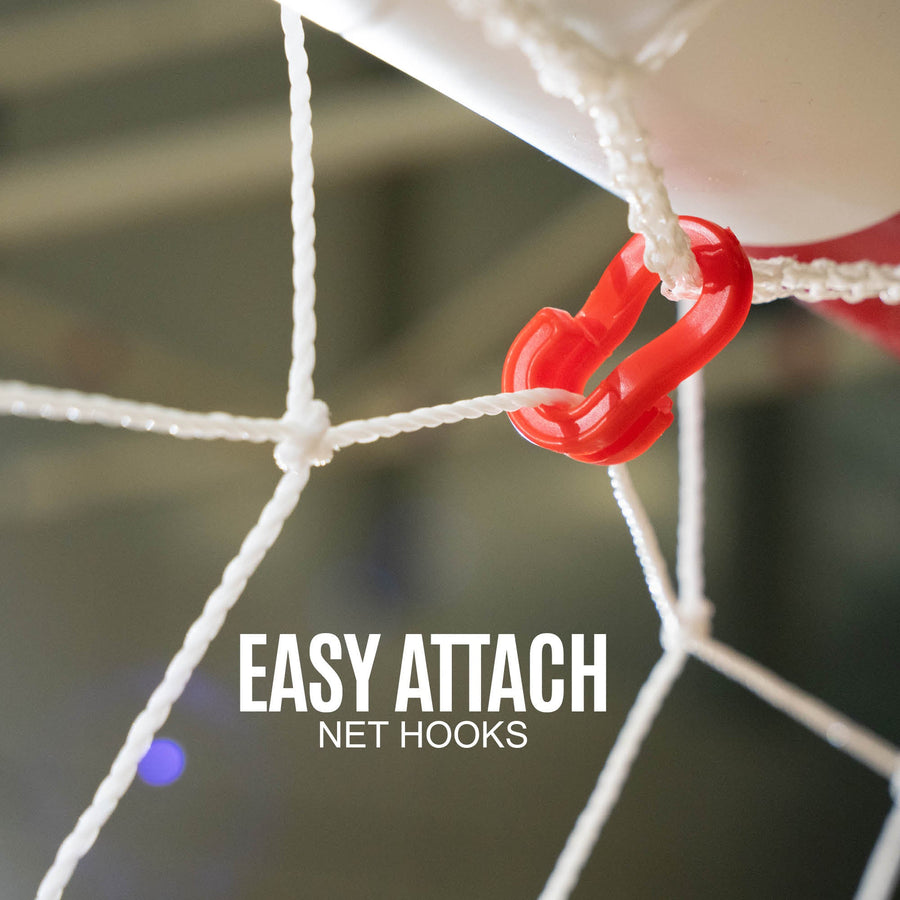 Q-FOLD Handball Goal 300 x 200 cm close-up of a red net hook on the white frame, with the text "Easy attach net hooks".