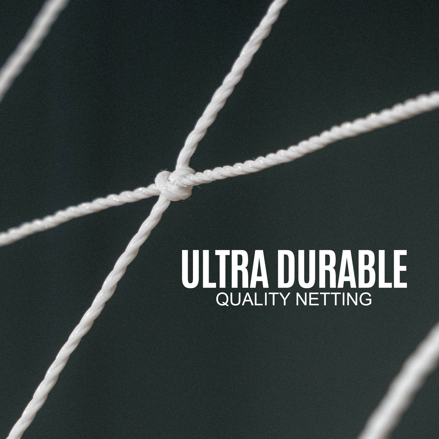 Q-FOLD Handball Goal 300 x 200 cm close-up of a white net knot, with the text "Quality netting".