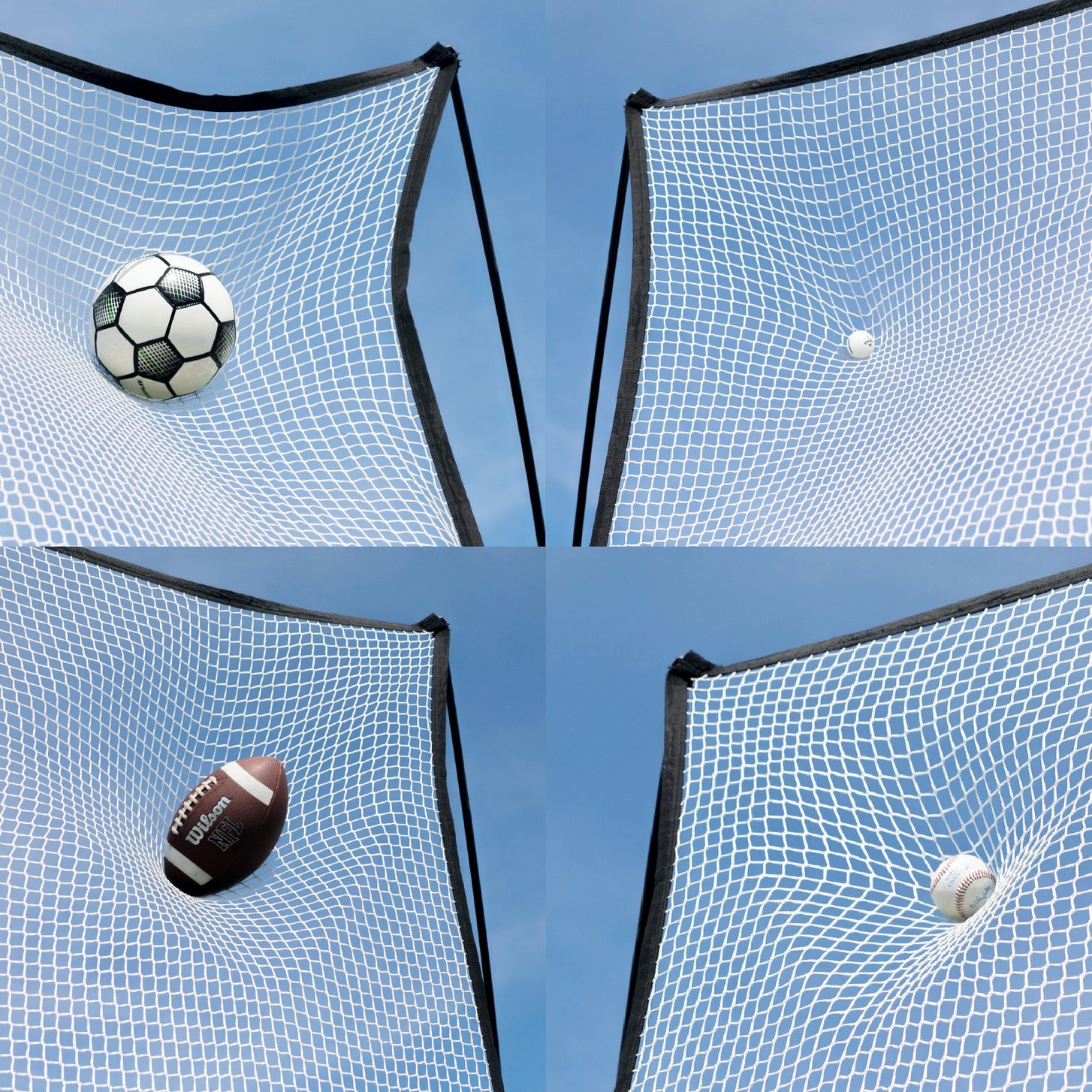 Extender Net 240 x 270 cm for MEGA NET graphic: four balls of different sports stretching the white netting.