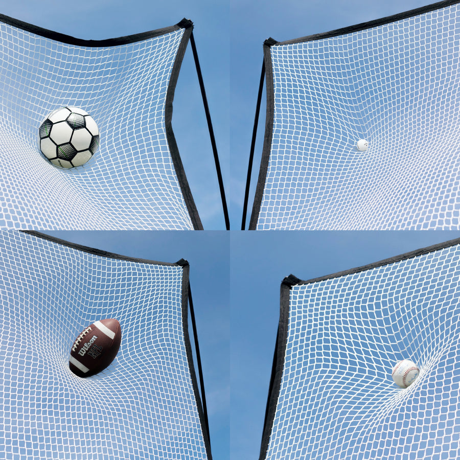 Extender Net 240 x 270 cm for MEGA NET graphic: four balls of different sports stretching the white netting.