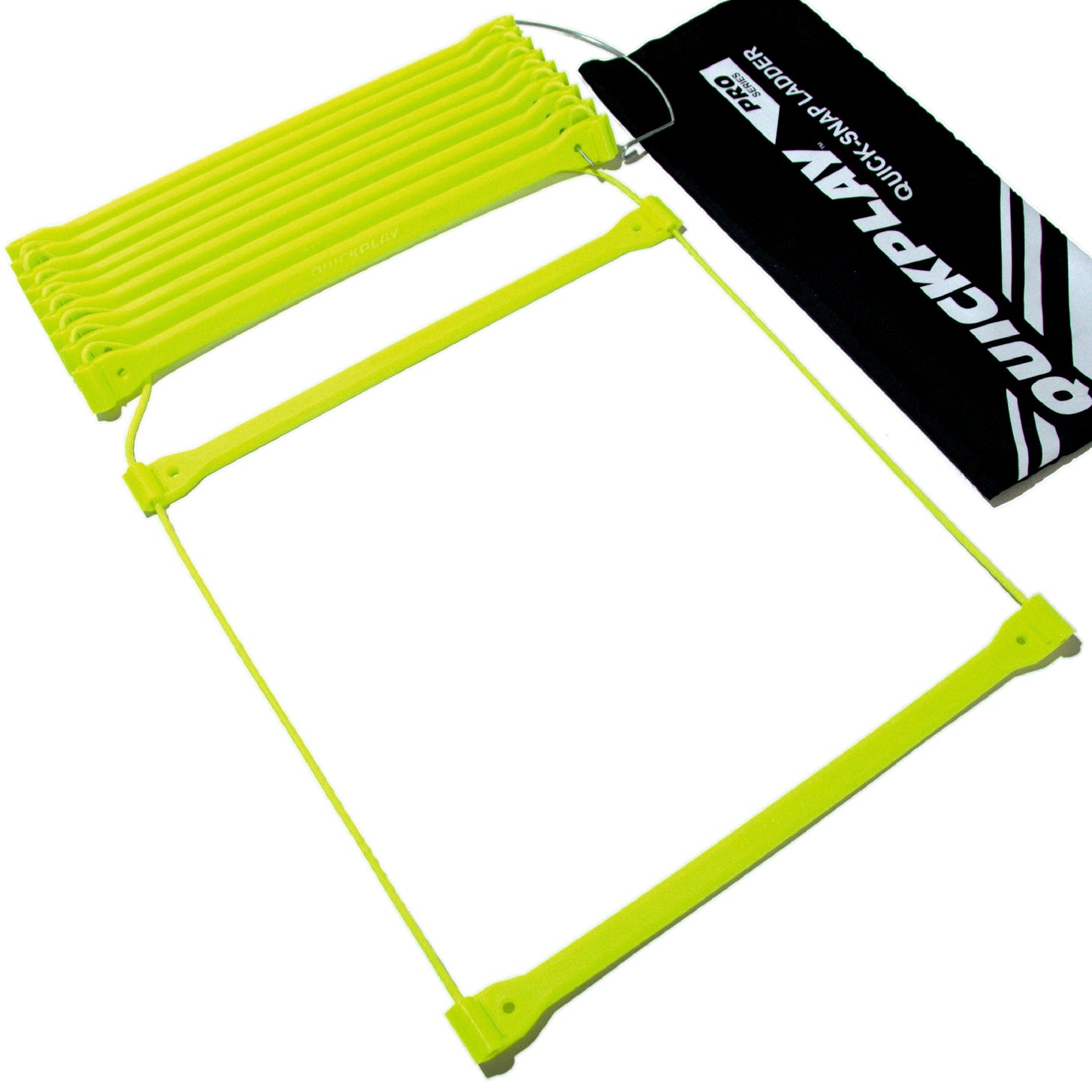 Agility Ladder on a white background, rungs stacked on a wire hook beside a black QUICKPLAY QUICK-SNAP LADDER bag.