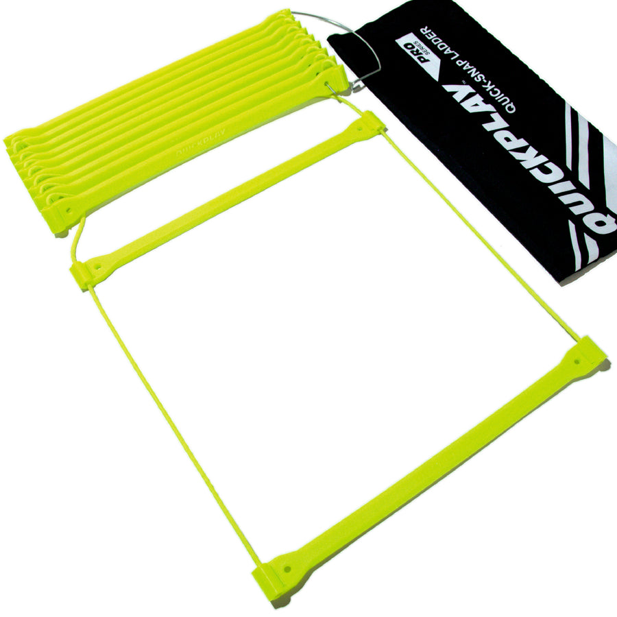 Agility Ladder on a white background, rungs stacked on a wire hook beside a black QUICKPLAY QUICK-SNAP LADDER bag.
