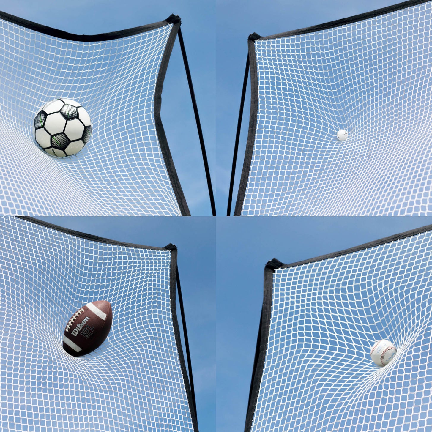 MEGA NET 370 x 270 cm four-panel close-ups of the net catching a football, a golf ball, an American football and a baseball.