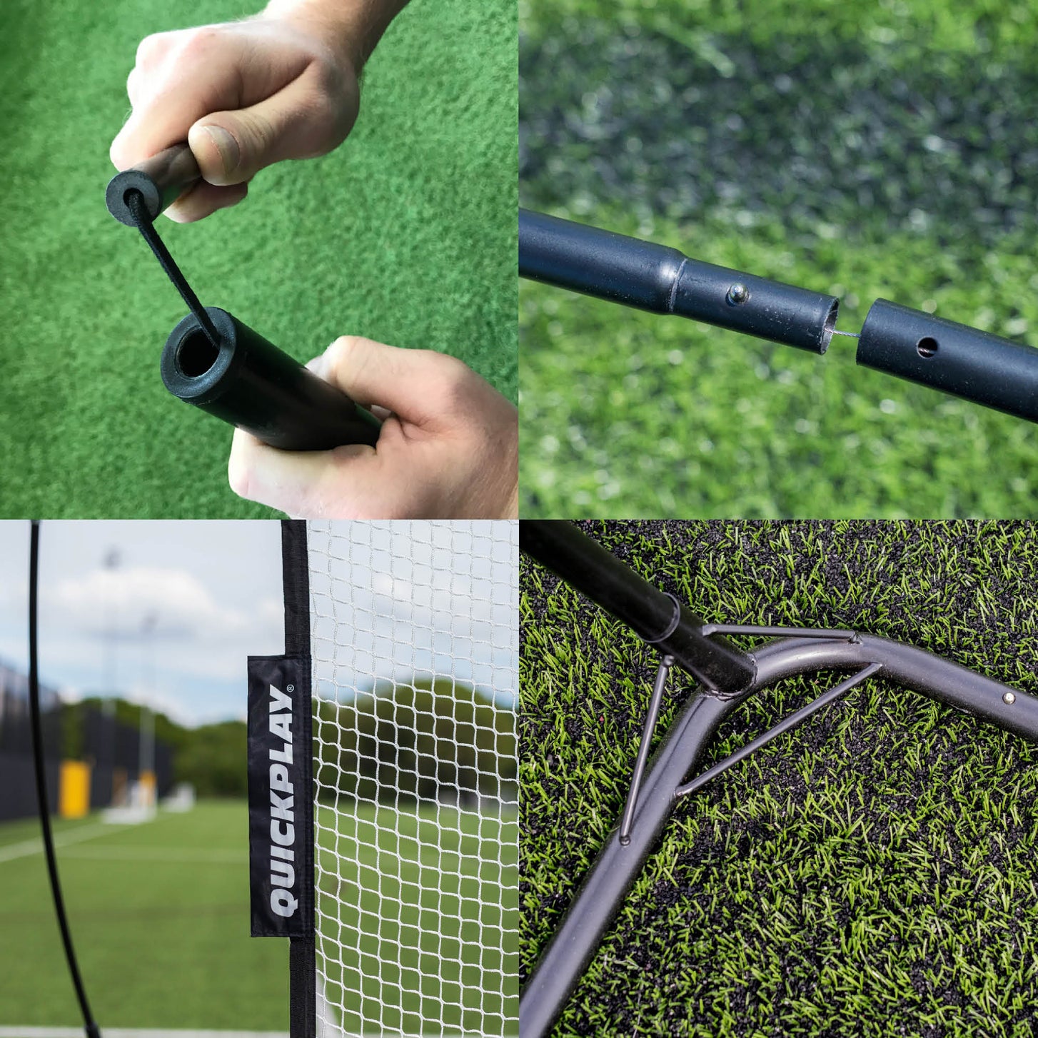 MEGA NET 370 x 270 cm four-panel close-ups: hand joining two pole sections, a pole connector, the QUICKPLAY tag and a base joint.