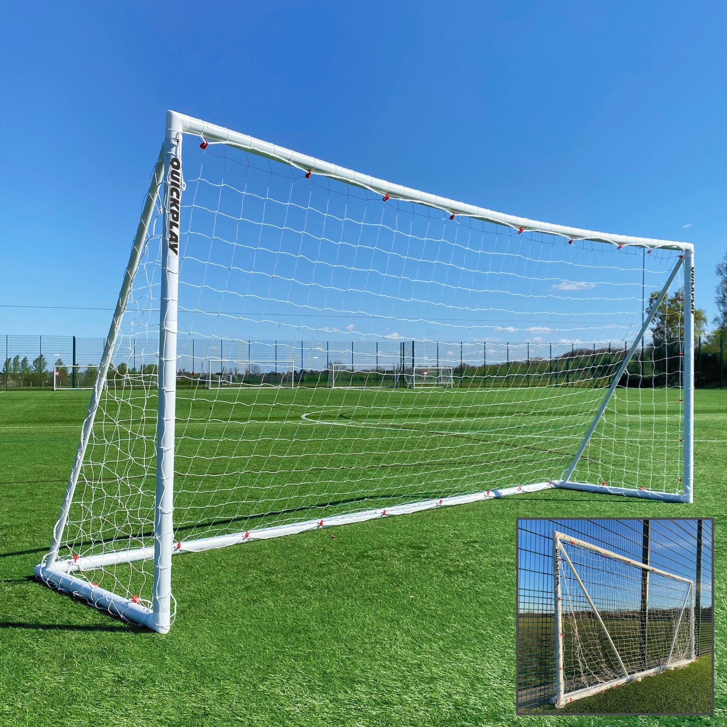 Q-FOLD Folding Football Goal 500 x 200 cm with a white frame and net on an artificial pitch, inset showing it folded flat.