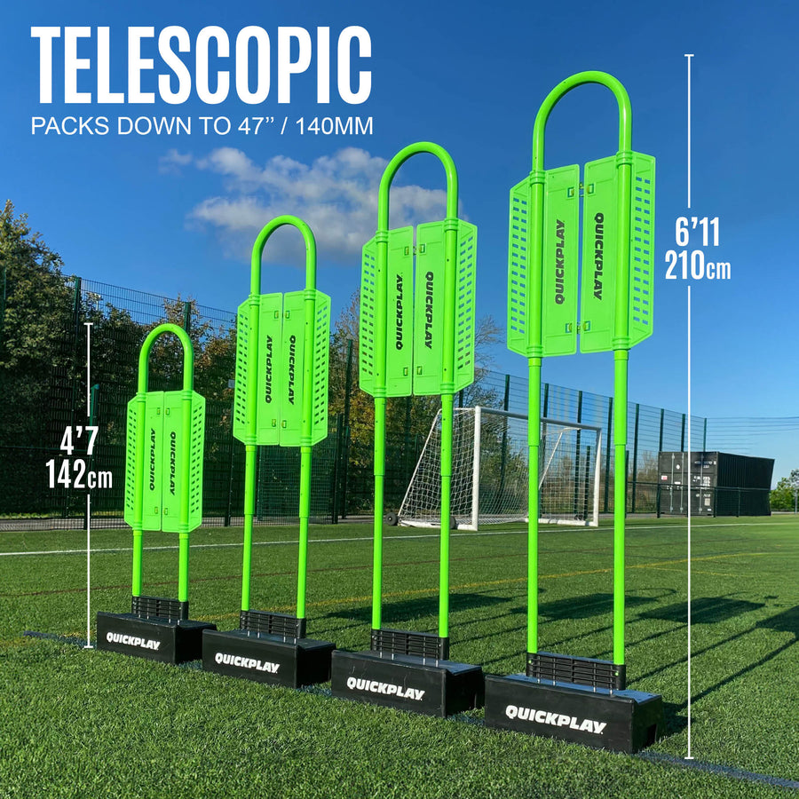 REPLAY Defender & Block System telescopic graphic: four mannequins in bases set at heights from 142 cm to 210 cm.
