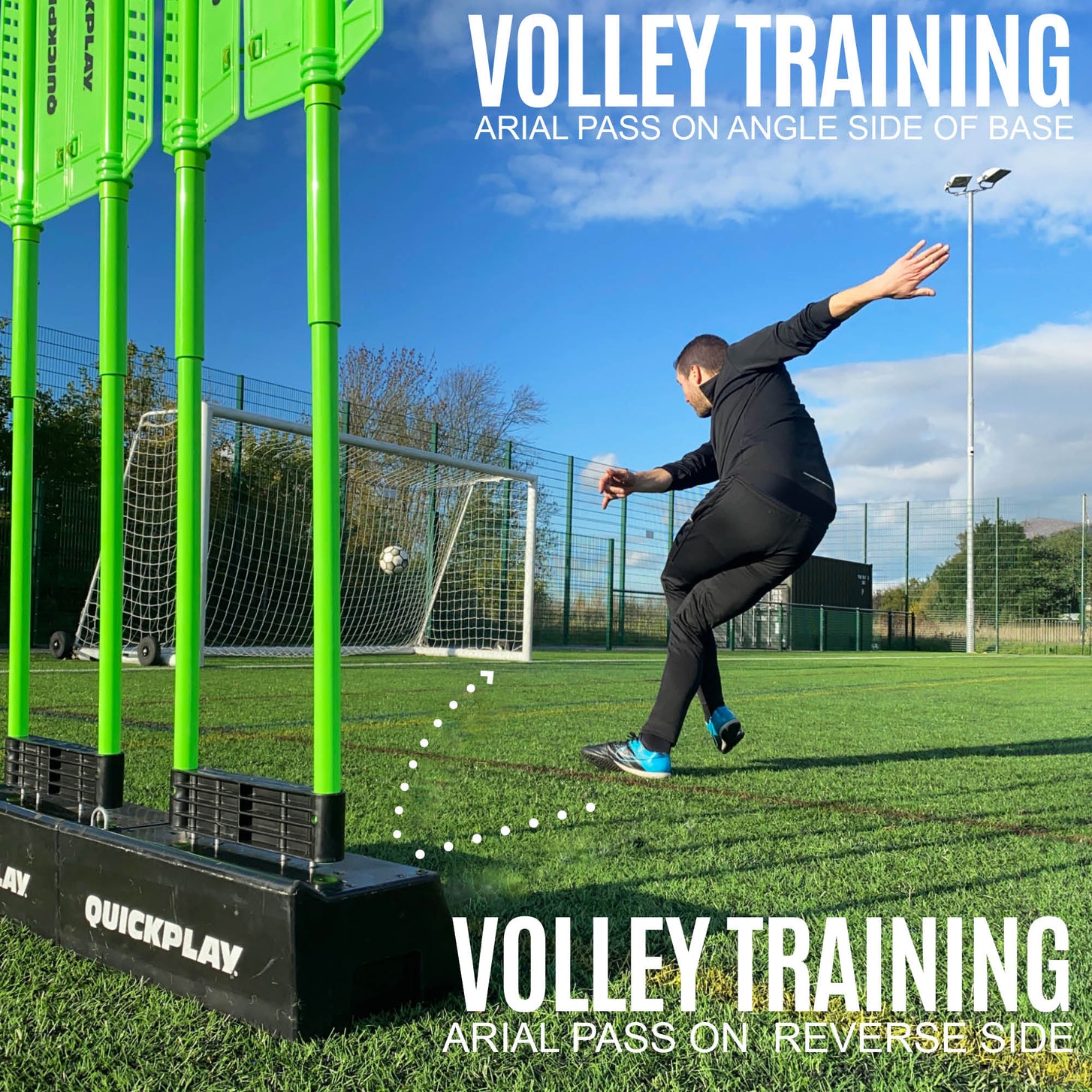 REPLAY Defender & Block System volley training graphic: player volleys a ball off the bases towards a goal, with a dotted ball path.