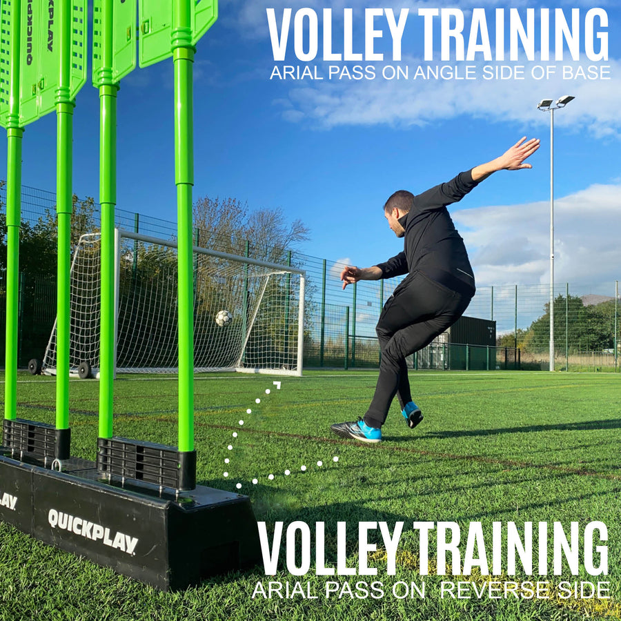 REPLAY Defender & Block System volley training graphic: player volleys a ball off the bases towards a goal, with a dotted ball path.