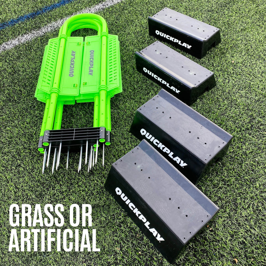 REPLAY Defender & Block System parts laid out: a folded green mannequin with metal spikes and four black bases, text grass or artificial.