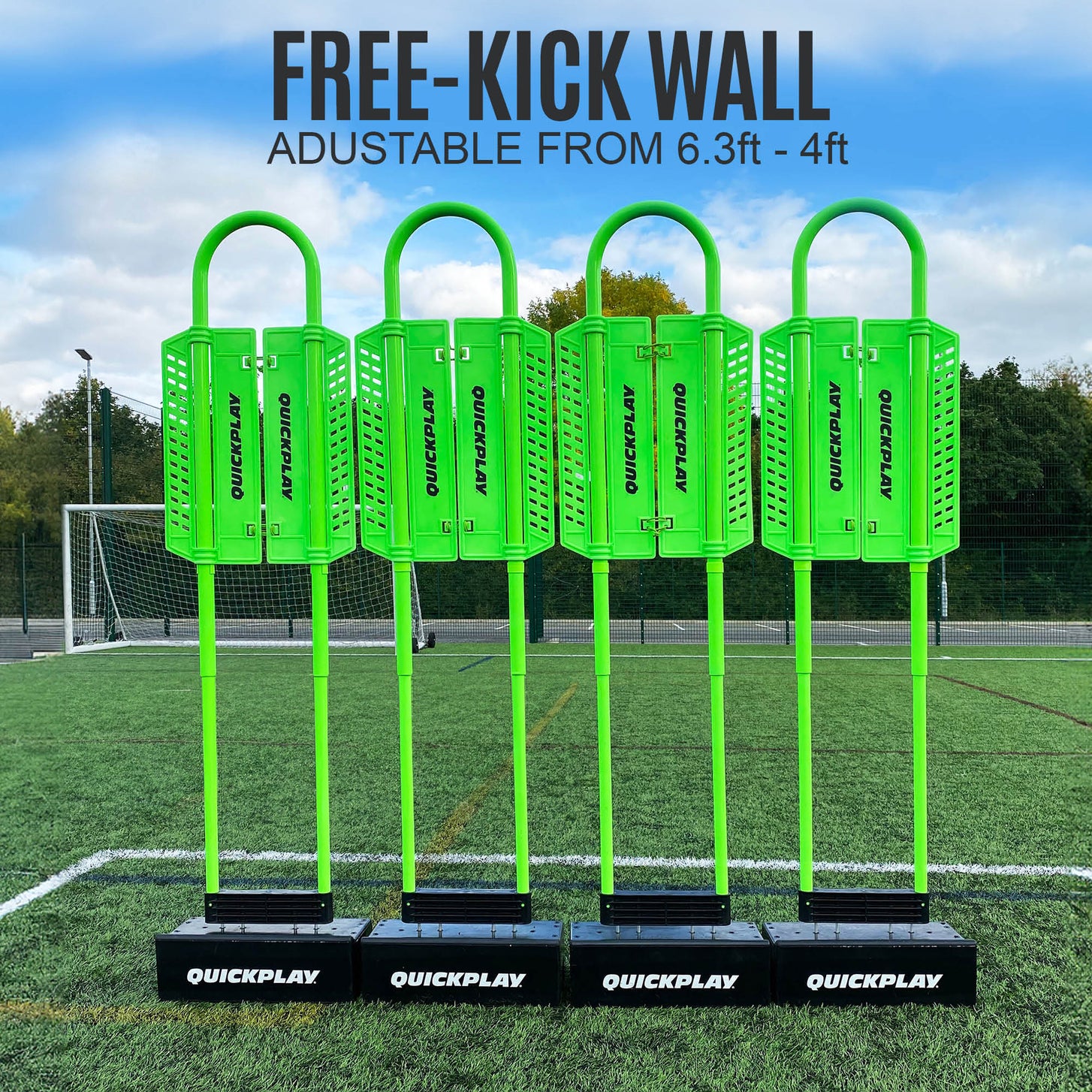REPLAY Defender & Block System free-kick wall graphic: four green mannequins in black bases in a row, text says adjustable height.