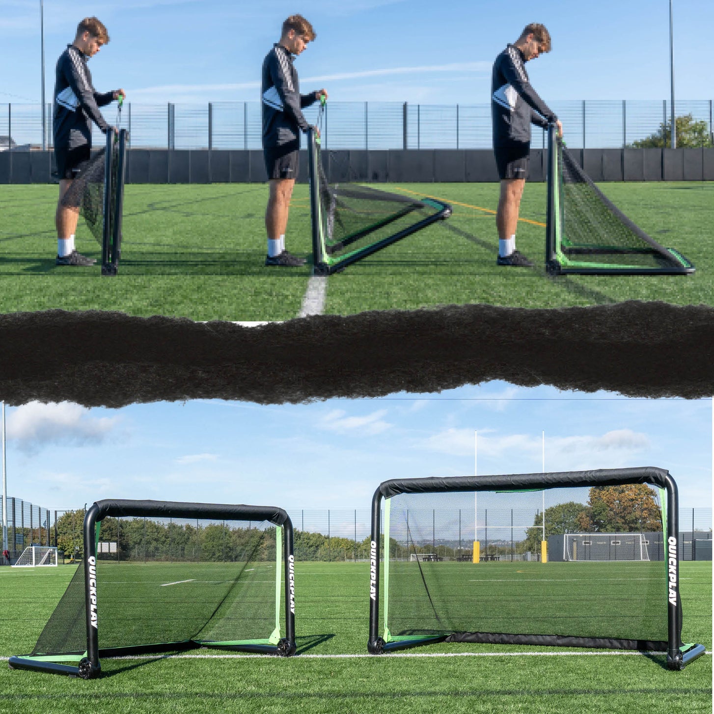 Three steps of a player opening the RHINO 150 x 100 cm goal, with two set-up QUICKPLAY goals of different sizes below.