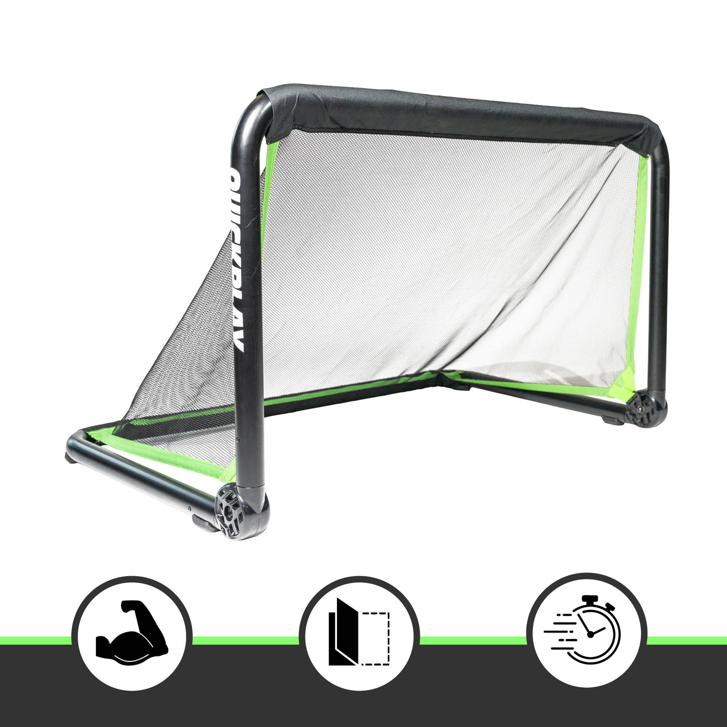 RHINO 120 x 75 cm goal on a white background, with three icons below: a flexed arm, a folding frame and a stopwatch.