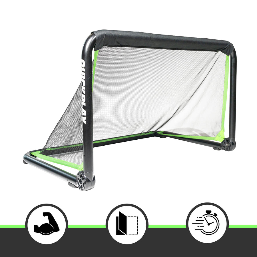 RHINO 120 x 75 cm goal on a white background, with three icons below: a flexed arm, a folding frame and a stopwatch.