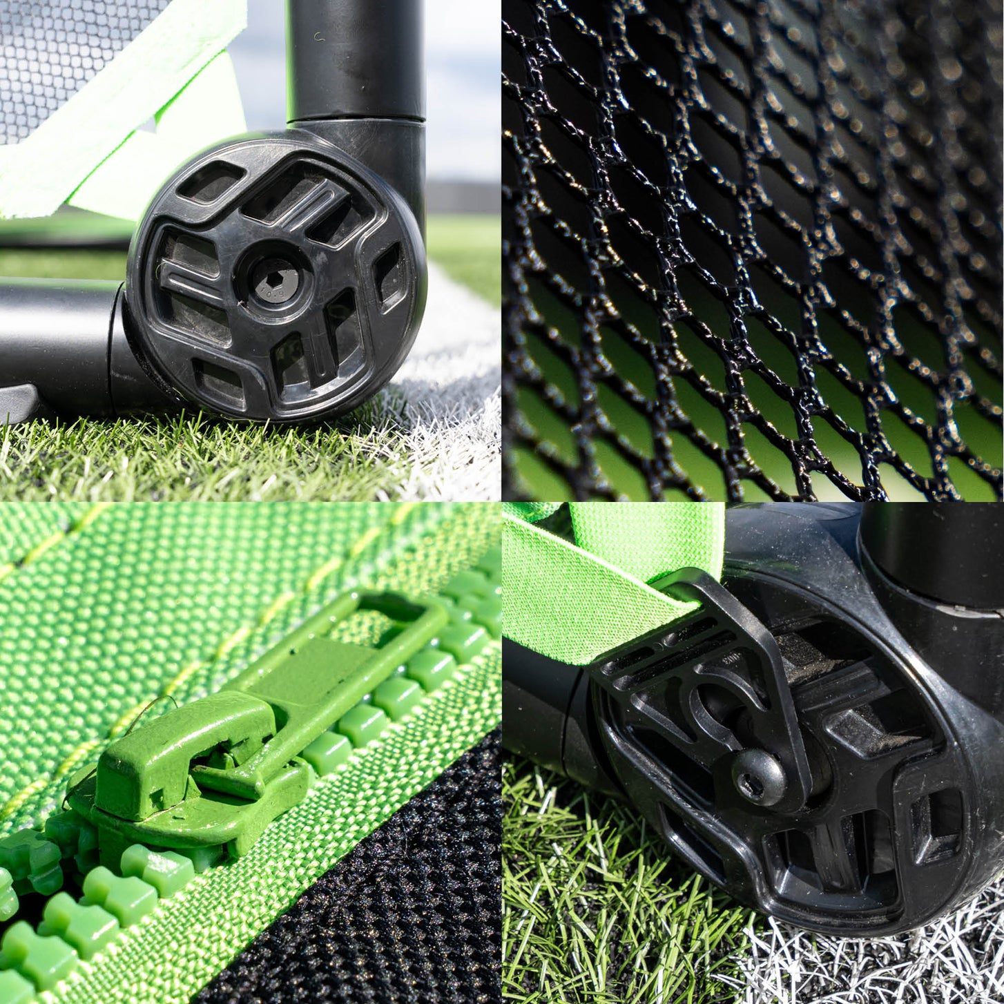 RHINO 120 x 75 cm goal detail close-ups: corner hinge, black net mesh, green zip and a strap clip on the frame.