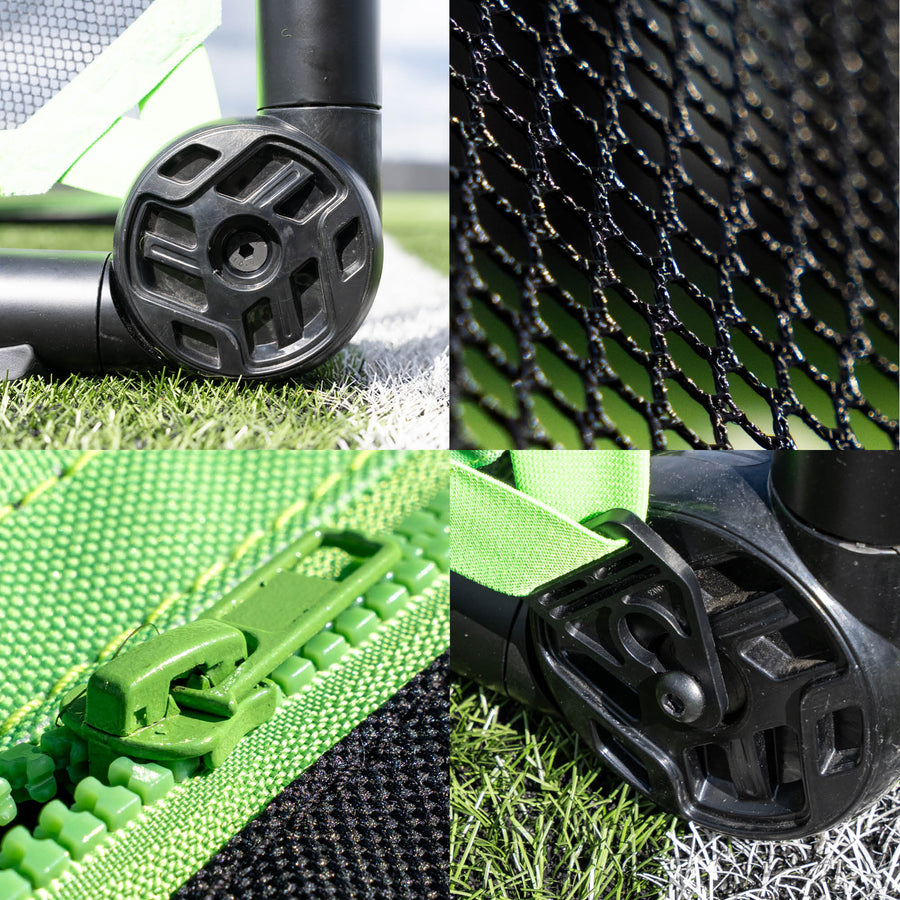 RHINO 120 x 75 cm goal detail close-ups: corner hinge, black net mesh, green zip and a strap clip on the frame.