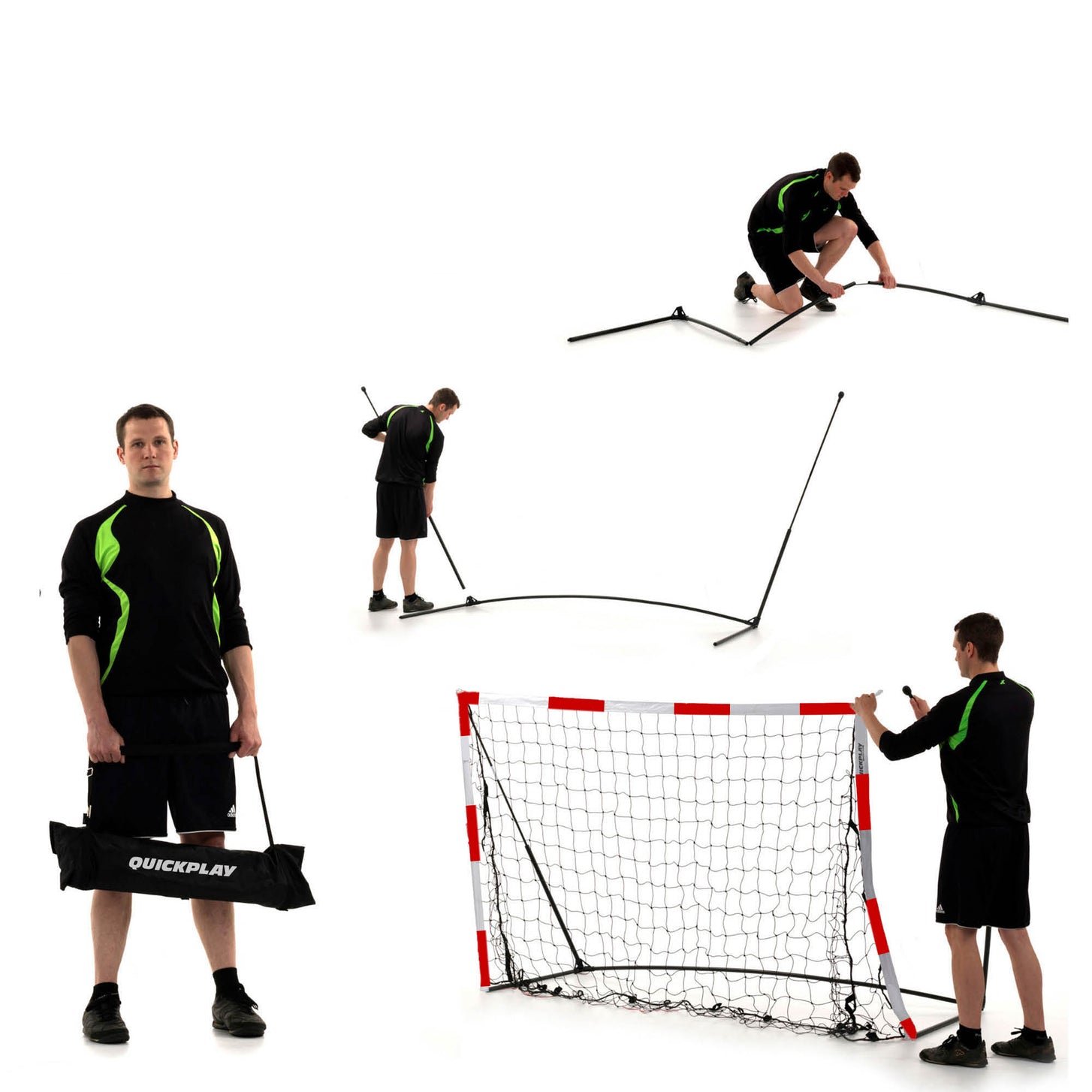 Portable Handball Goal 300 x 200 cm set-up steps on white: a man holds the QUICKPLAY bag, lays out the frame and fits the net.