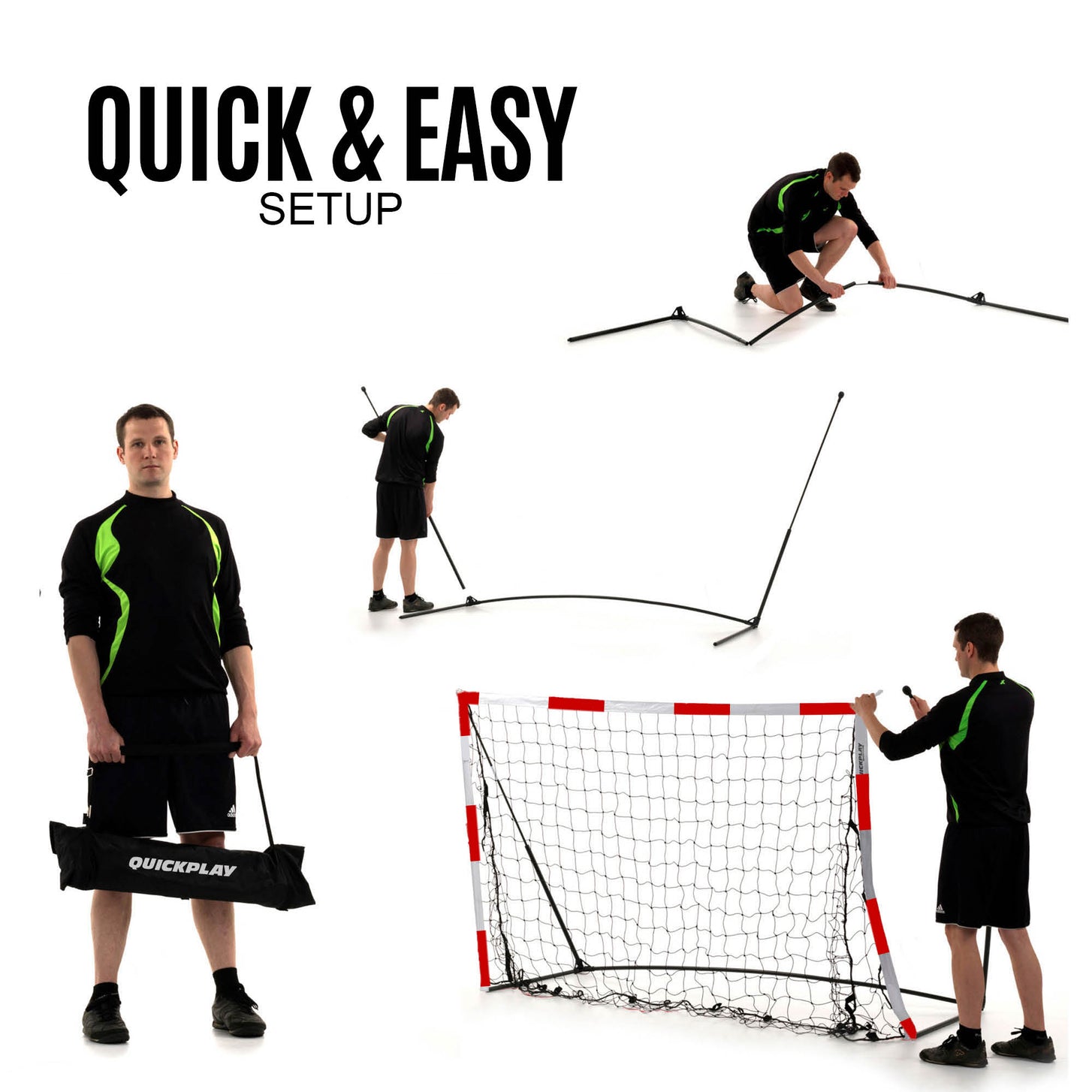 Portable Handball Goal Junior 240 x 170 cm setup steps: man carrying a black QUICKPLAY bag, then building the frame. Text: quick & easy setup.