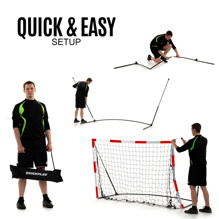 Portable Handball Goal Junior 240 x 170 cm setup steps: man carrying a black QUICKPLAY bag, then building the frame. Text: quick & easy setup.