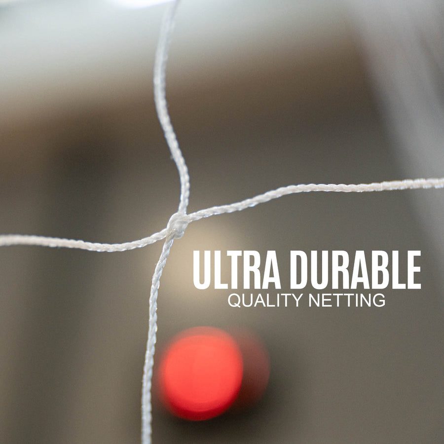 Portable Handball Goal Junior 240 x 170 cm net close up, showing a white knot, with the text: ultra durable quality netting.