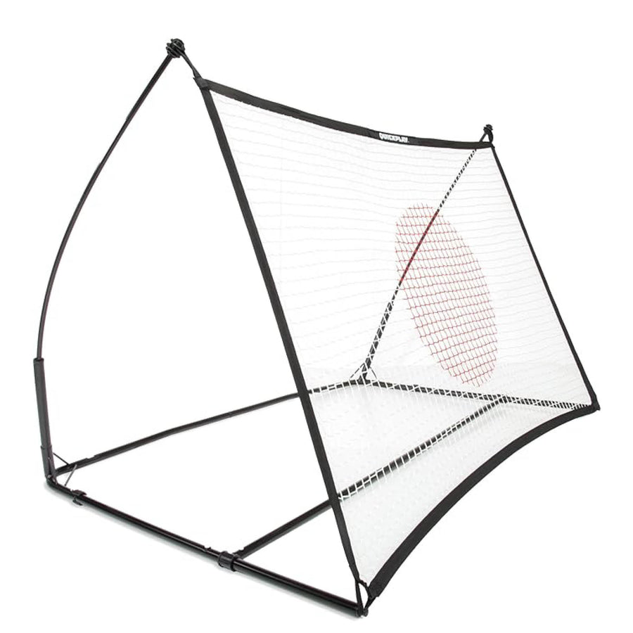 SPOT Football Rebounder 150 x 100 cm with a black frame and white net with a red target circle, on a white background.