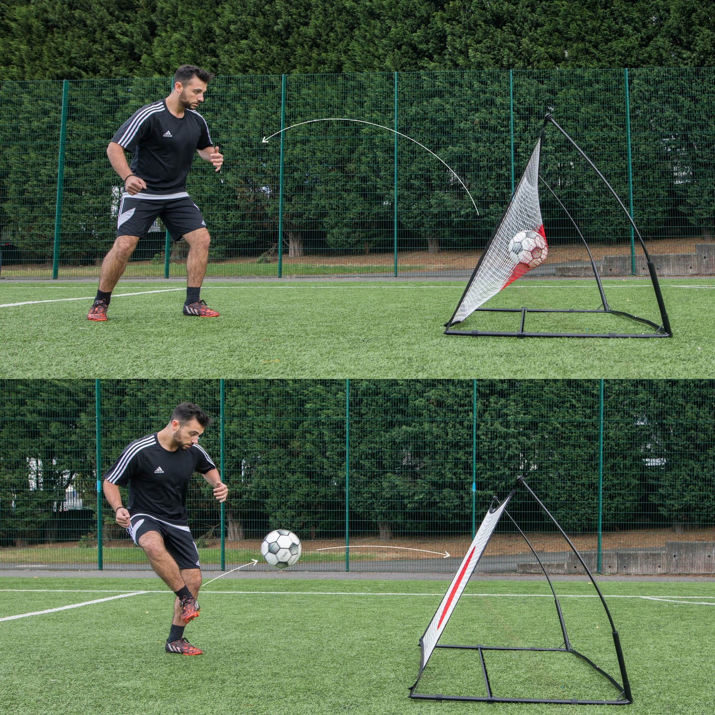 SPOT Football Rebounder two-panel sequence: player chipping a ball onto the net, then controlling the ball as it comes back.