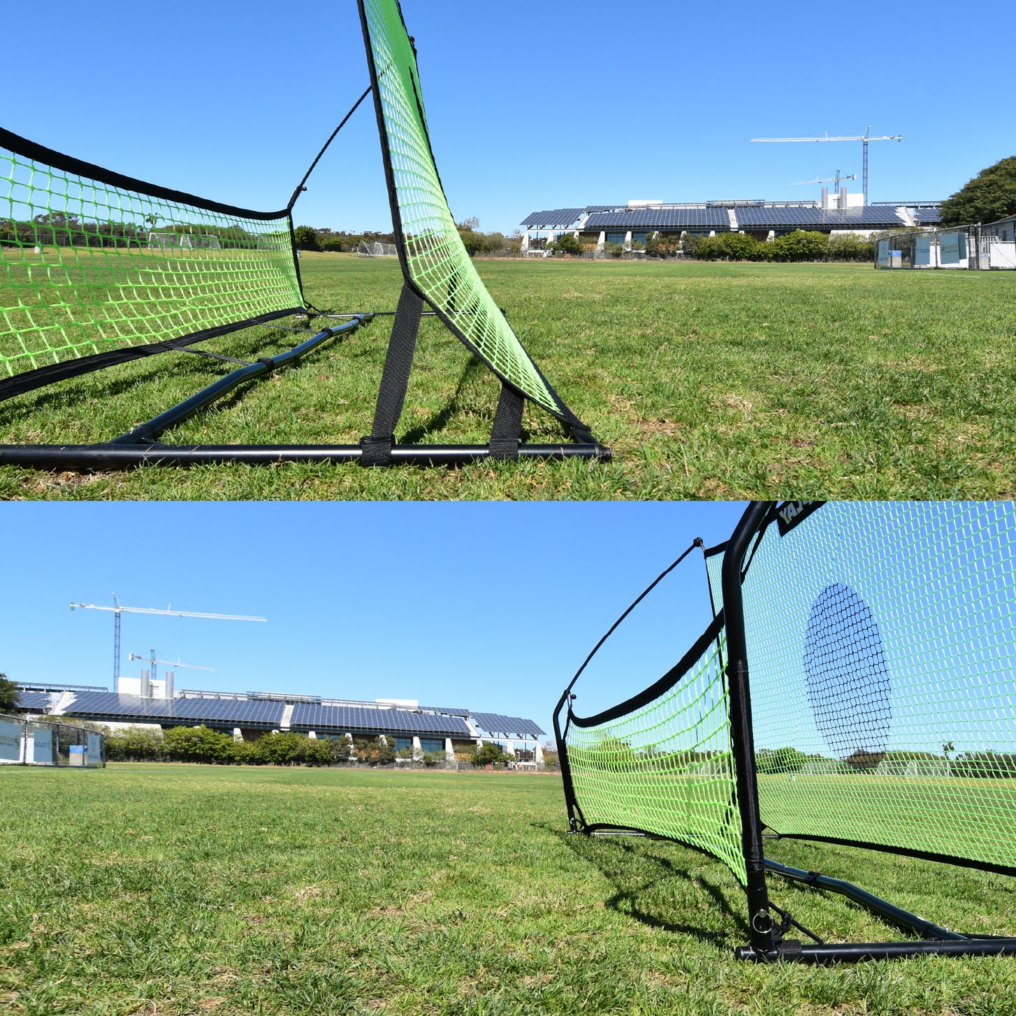 TEKKERS Trainer two-panel shot: low close-ups of the black frame and green nets standing on grass.