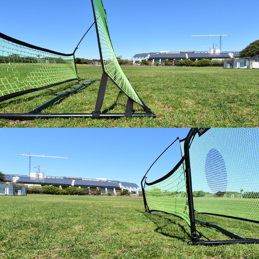 TEKKERS Trainer two-panel shot: low close-ups of the black frame and green nets standing on grass.